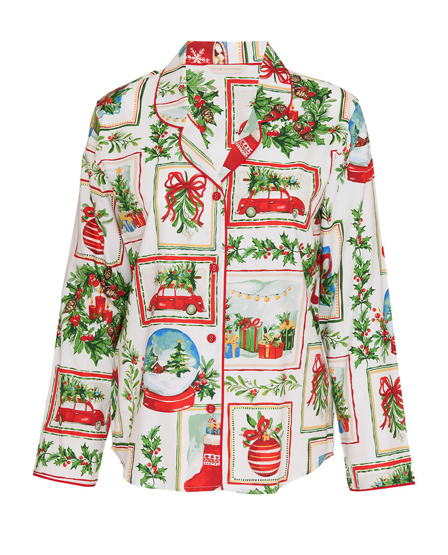 Womens Christmas Postcard Print Pyjama Top