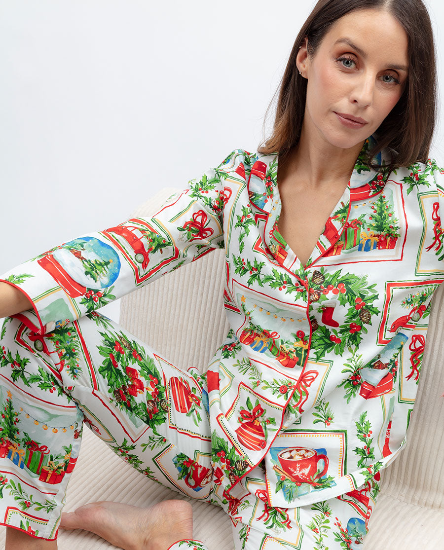 Womens Christmas Postcard Print Pyjama Bottoms
