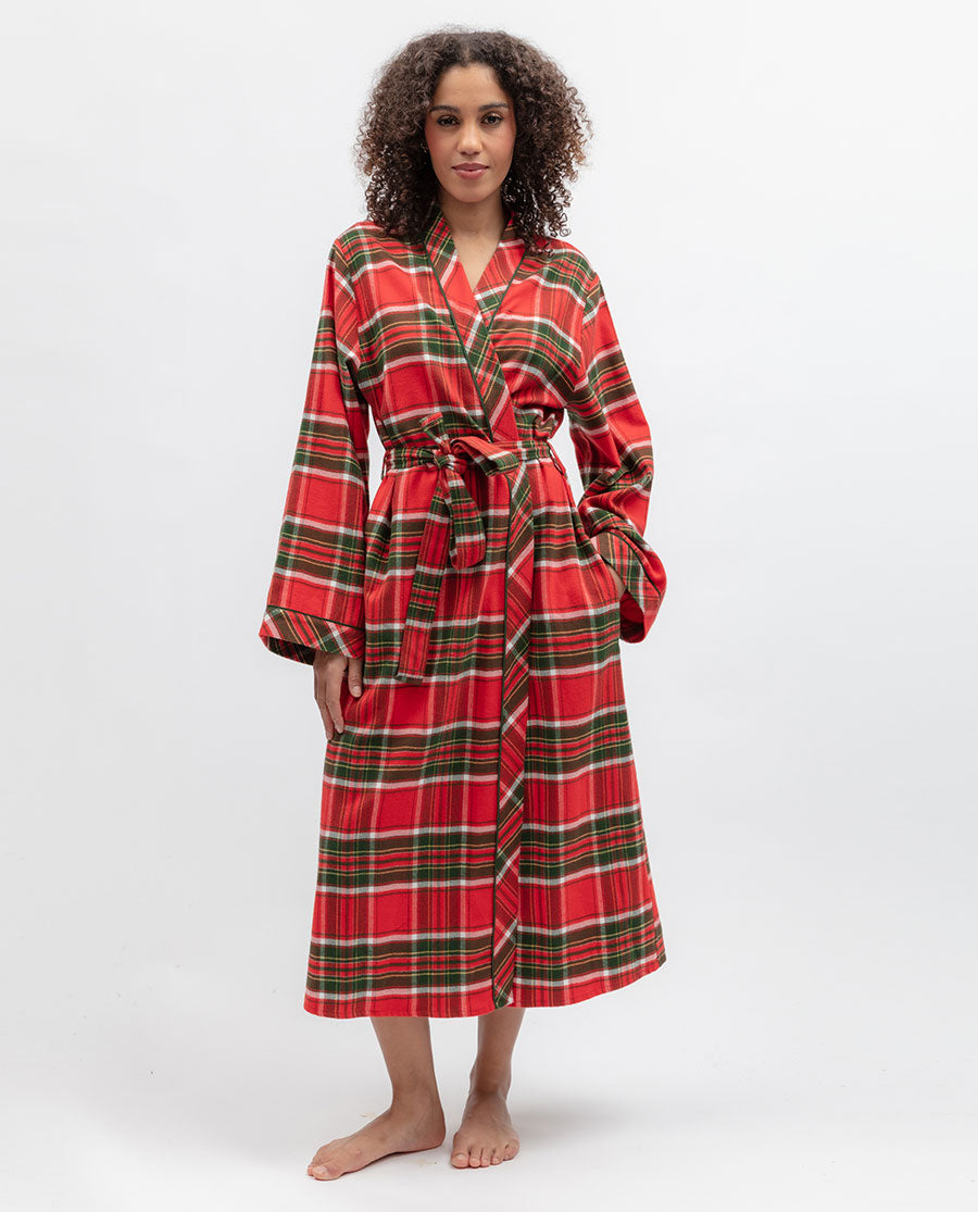 Womens Red Brushed Check Long Dressing Gown