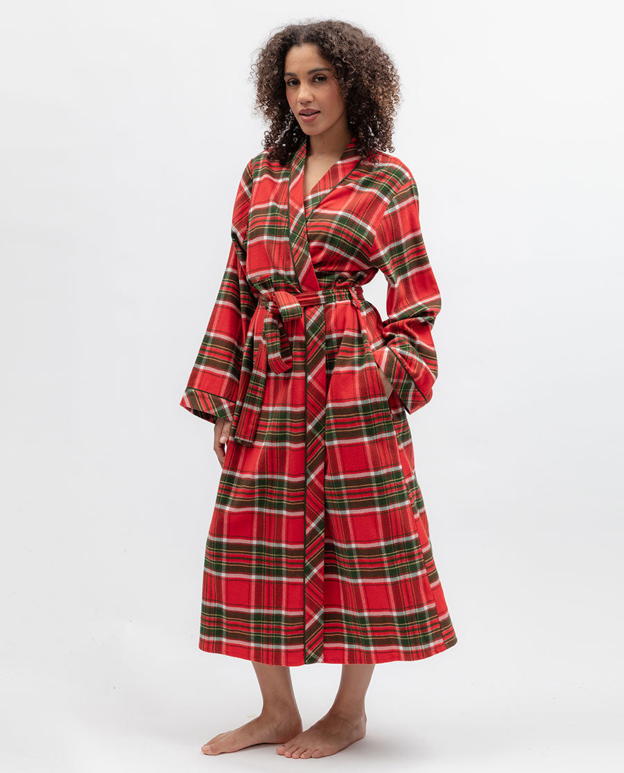 Womens Red Brushed Check Long Dressing Gown