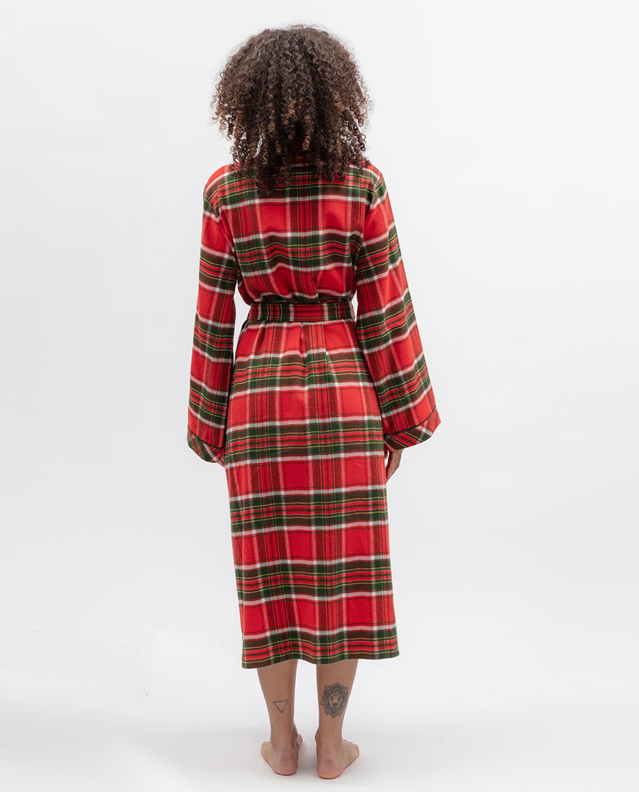 Womens Red Brushed Check Long Dressing Gown