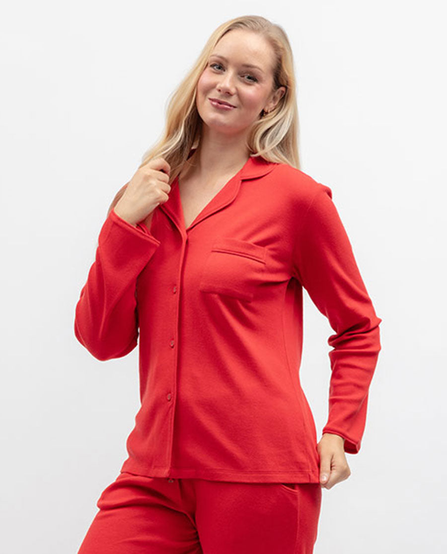 Womens Ribbed Revere Long Sleeve Jersey Pyjama Top