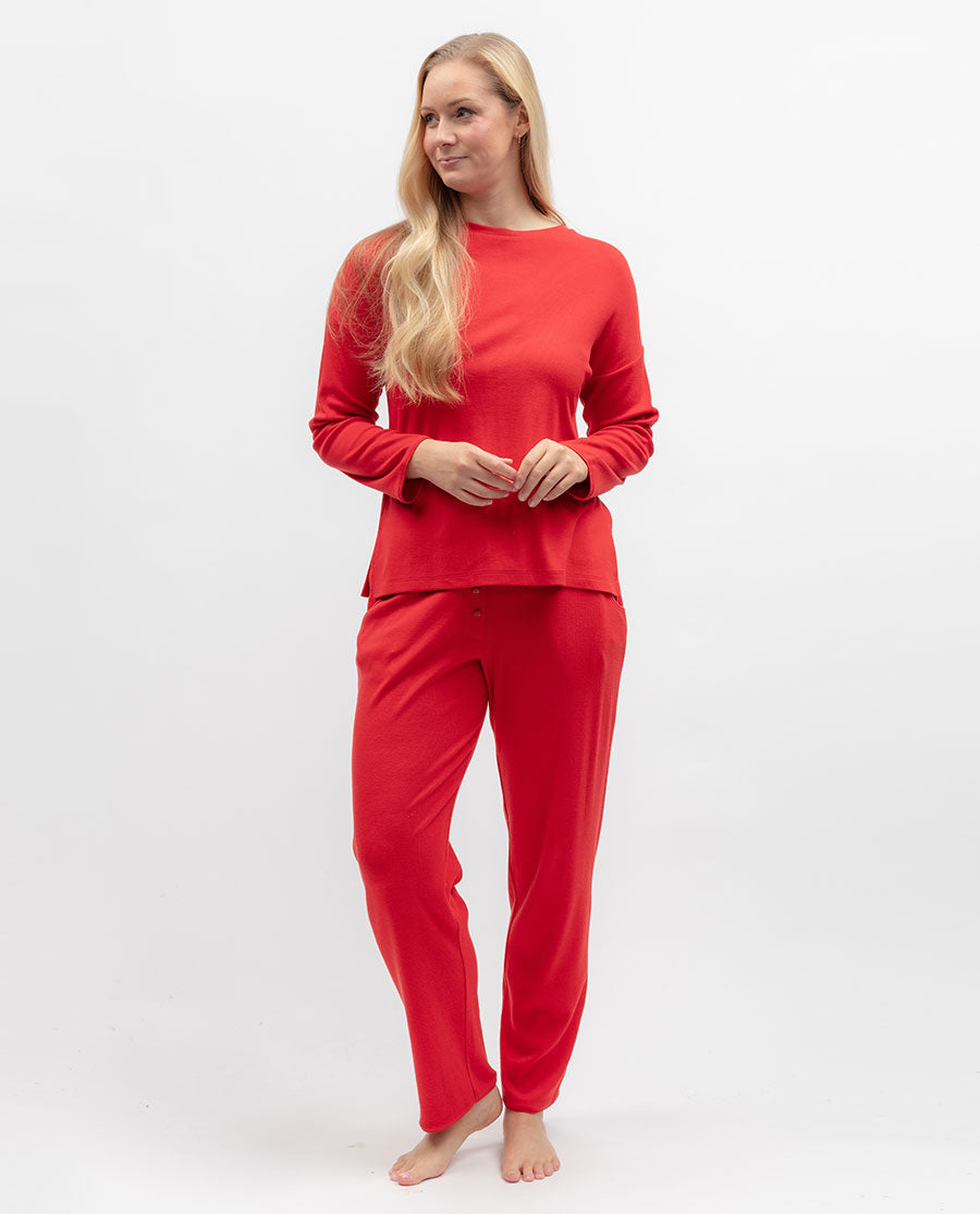 Womens Ribbed Long Sleeve Jersey Pyjama Set