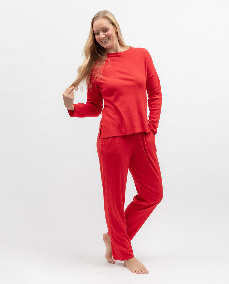 Womens Ribbed Long Sleeve Jersey Pyjama Set