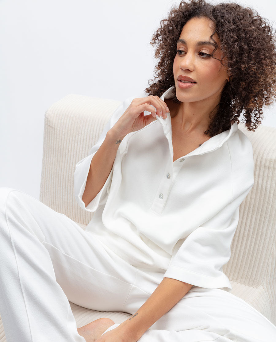 Womens White Jersey Half-Button Sweatshirt