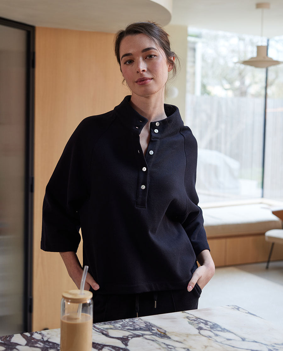 The Lounge Edit Womens Black Jersey Half-Button Sweatshirt