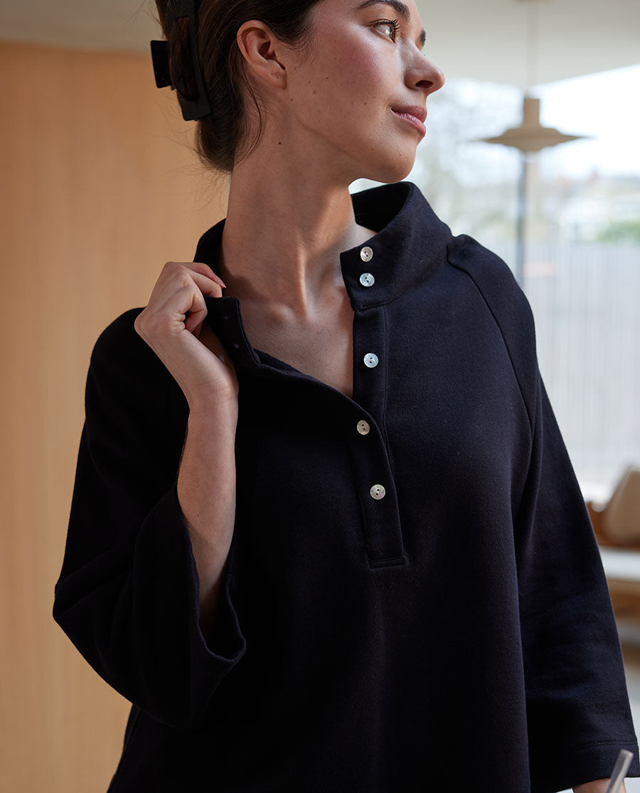 Womens Black Jersey Half-Button Sweatshirt