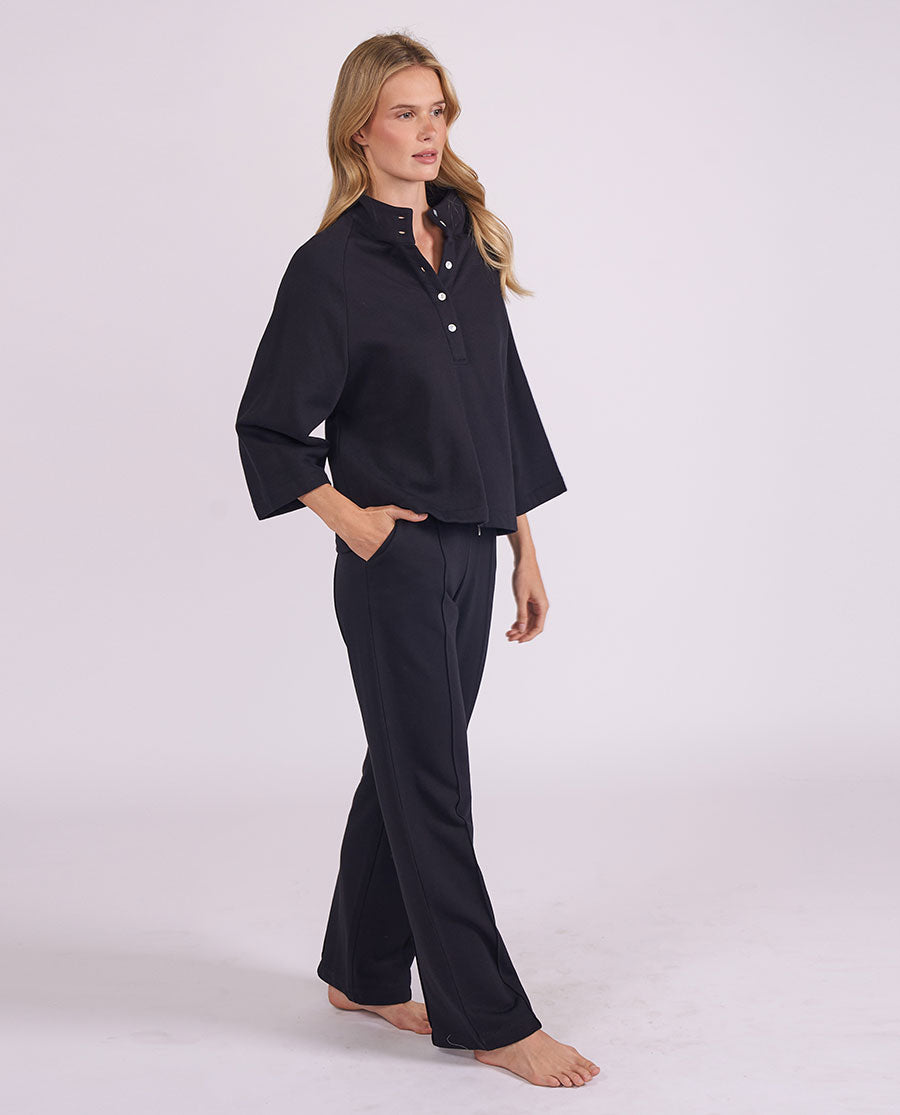 Womens Black Jersey Half-Button Sweatshirt