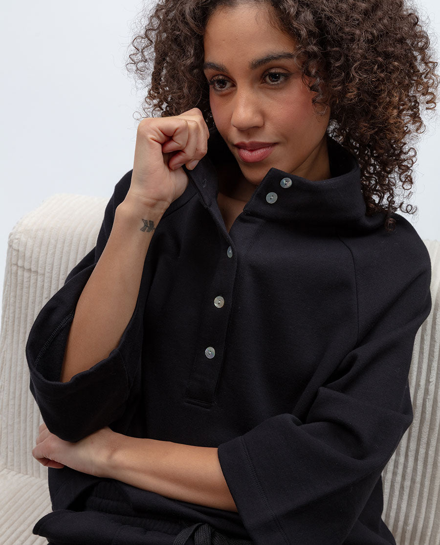 Womens Black Jersey Half-Button Sweatshirt