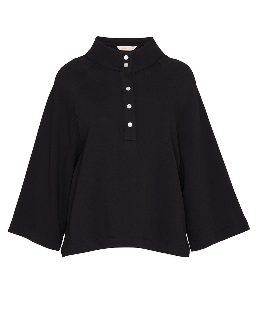 Womens Black Jersey Half-Button Sweatshirt