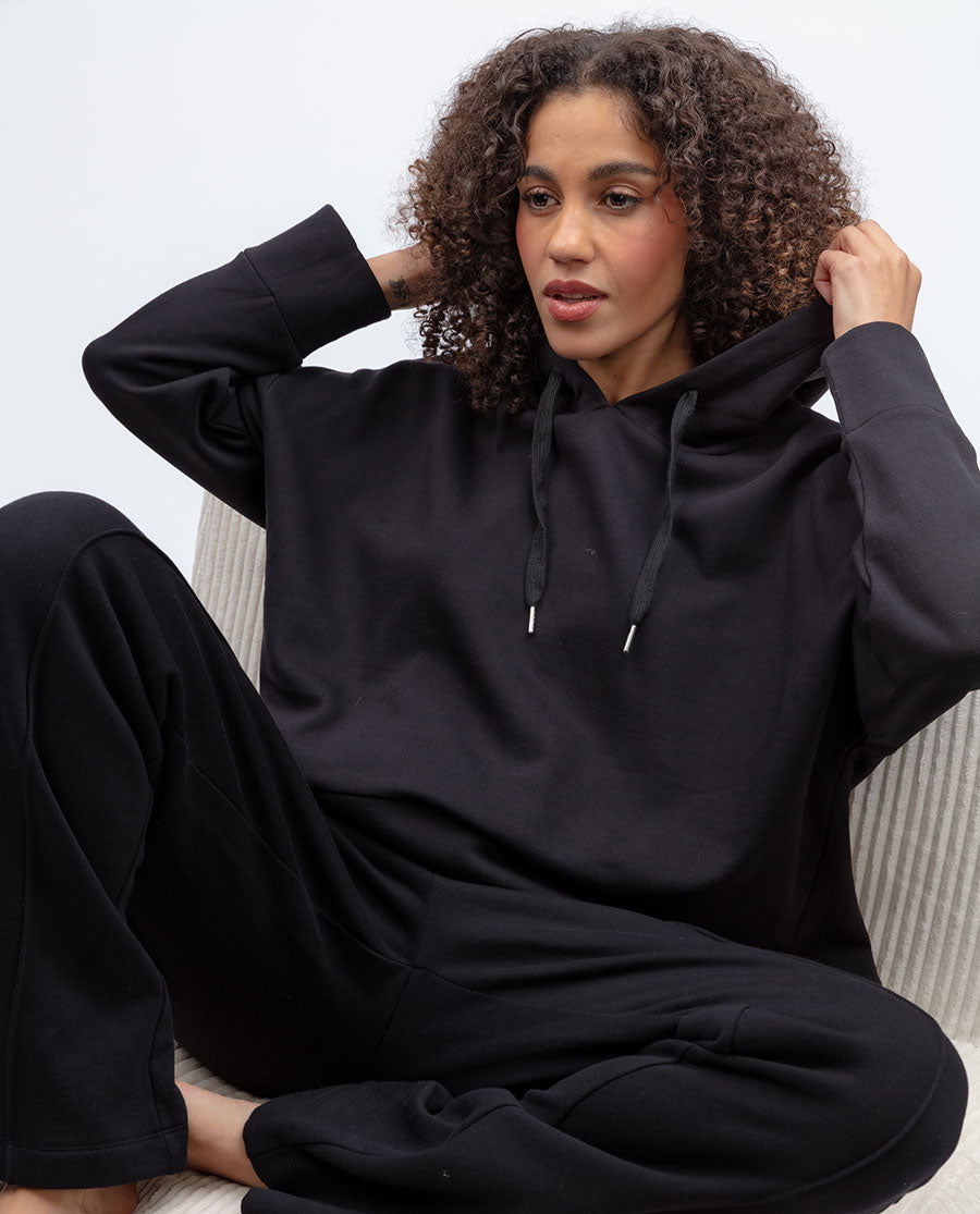 Womens Black Jersey Relaxed Hoodie