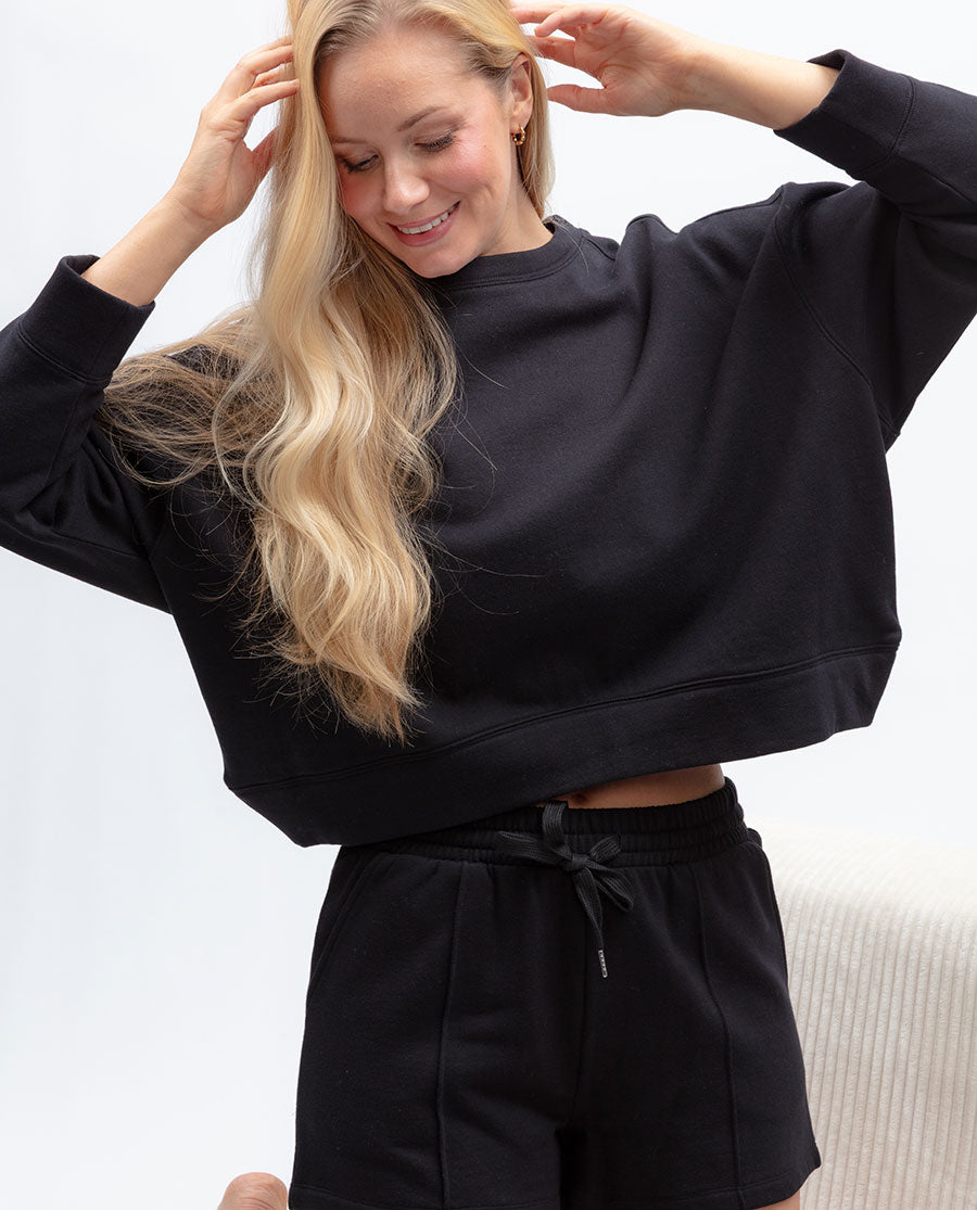 Womens Black Lounge Crew-Neck and Shorts Set