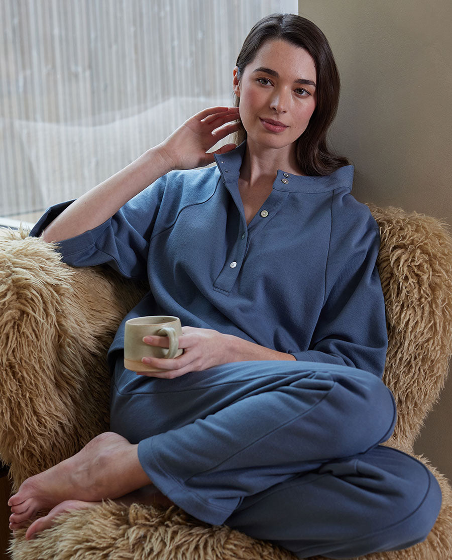 Womens Smoky Blue Lounge Half Button Sweatshirt and Joggers Set