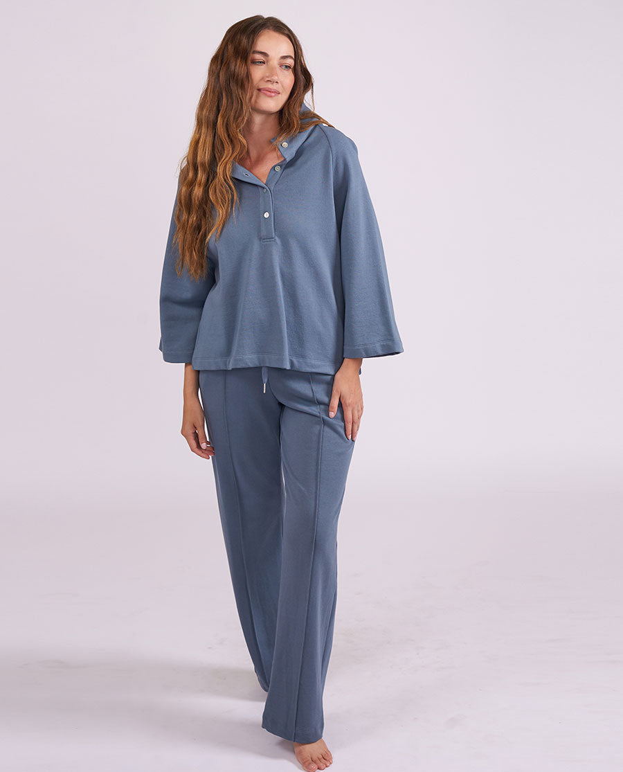 Womens Smoky Blue Lounge Half Button Sweatshirt and Joggers Set