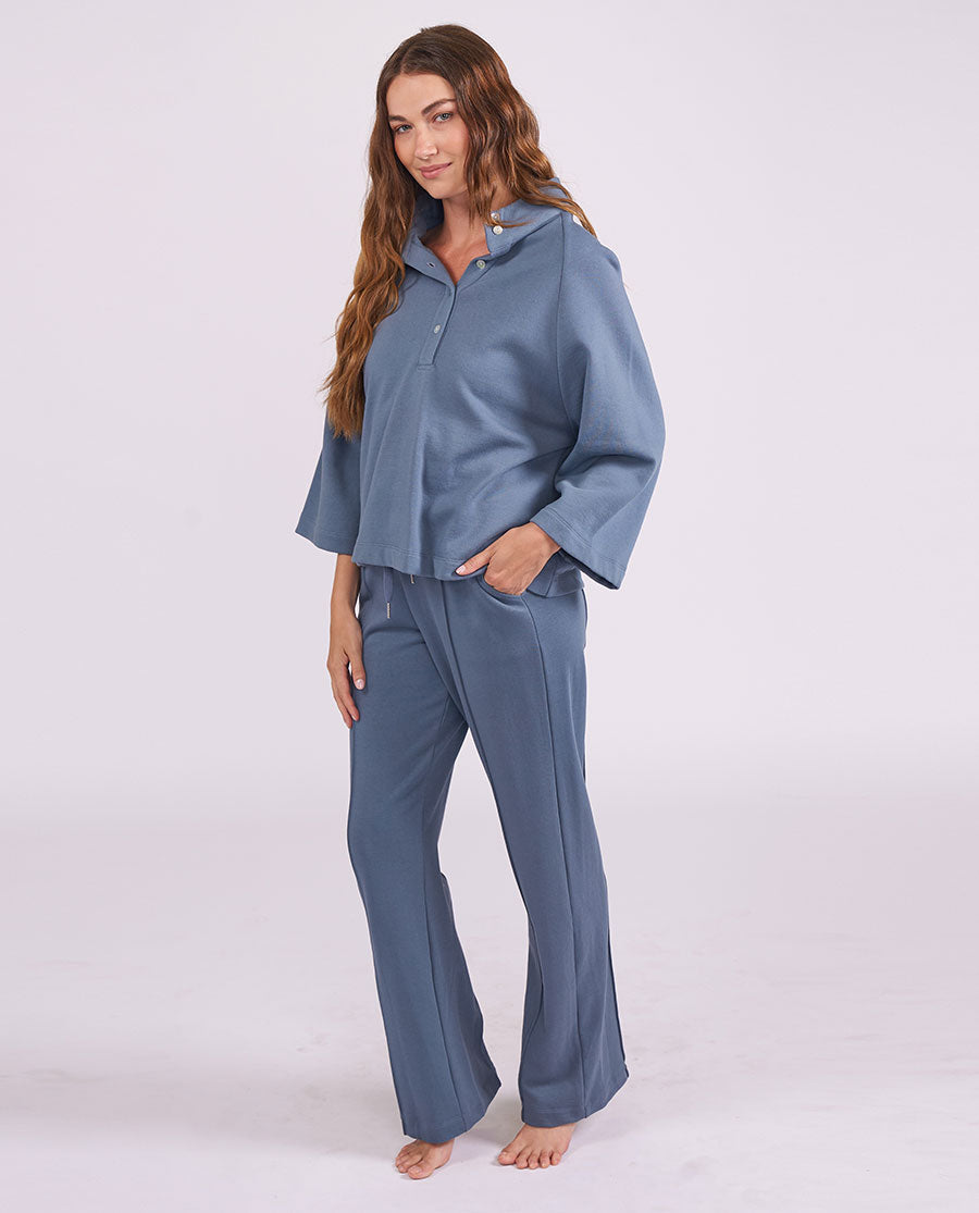 Womens Smoky Blue Lounge Half Button Sweatshirt and Joggers Set
