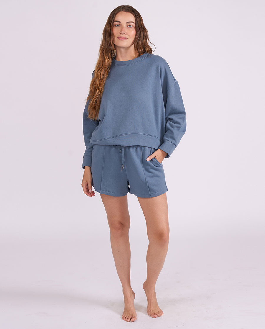 Womens Smoky Blue Lounge Crew-Neck and Shorts Set