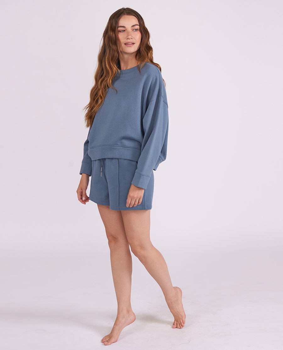 Womens Smoky Blue Lounge Crew-Neck and Shorts Set