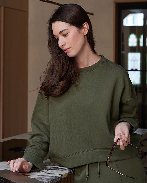 Womens Olive Green Jersey Crew-Neck Sweatshirt