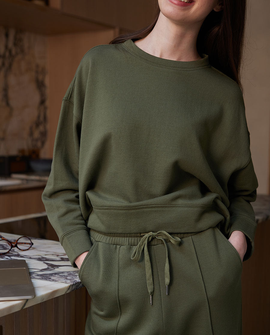 Womens Olive Green Jersey Crew-Neck Sweatshirt
