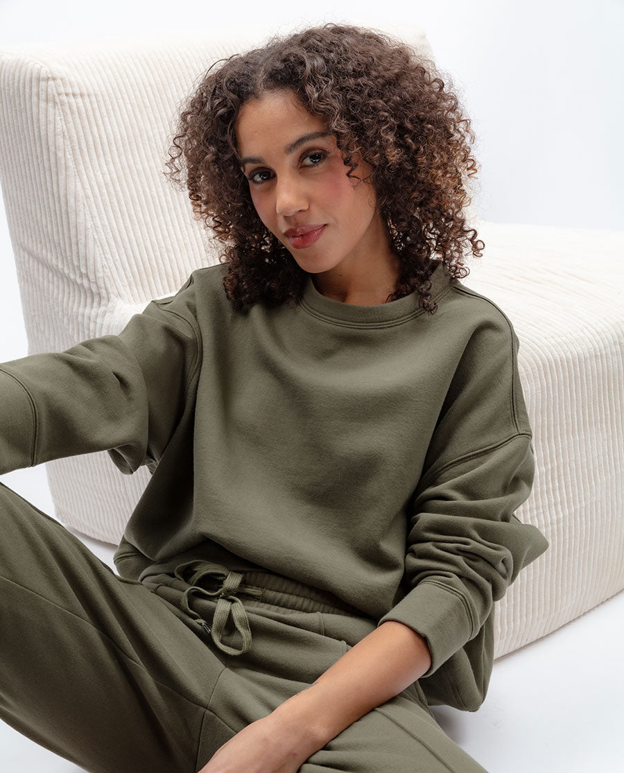 Womens Olive Green Jersey Crew-Neck Sweatshirt