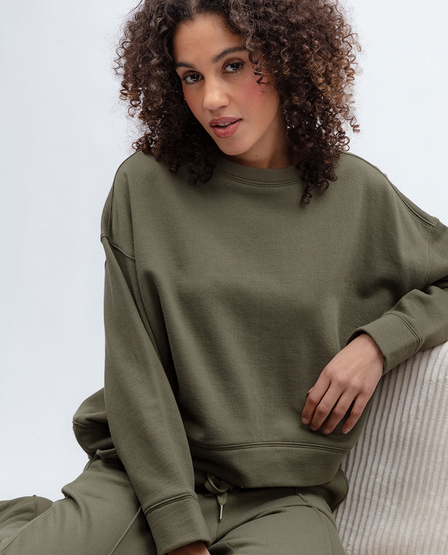 Womens Olive Green Jersey Crew-Neck Sweatshirt