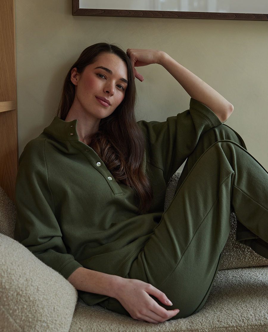 Womens Olive Green Jersey Half-Button Sweatshirt