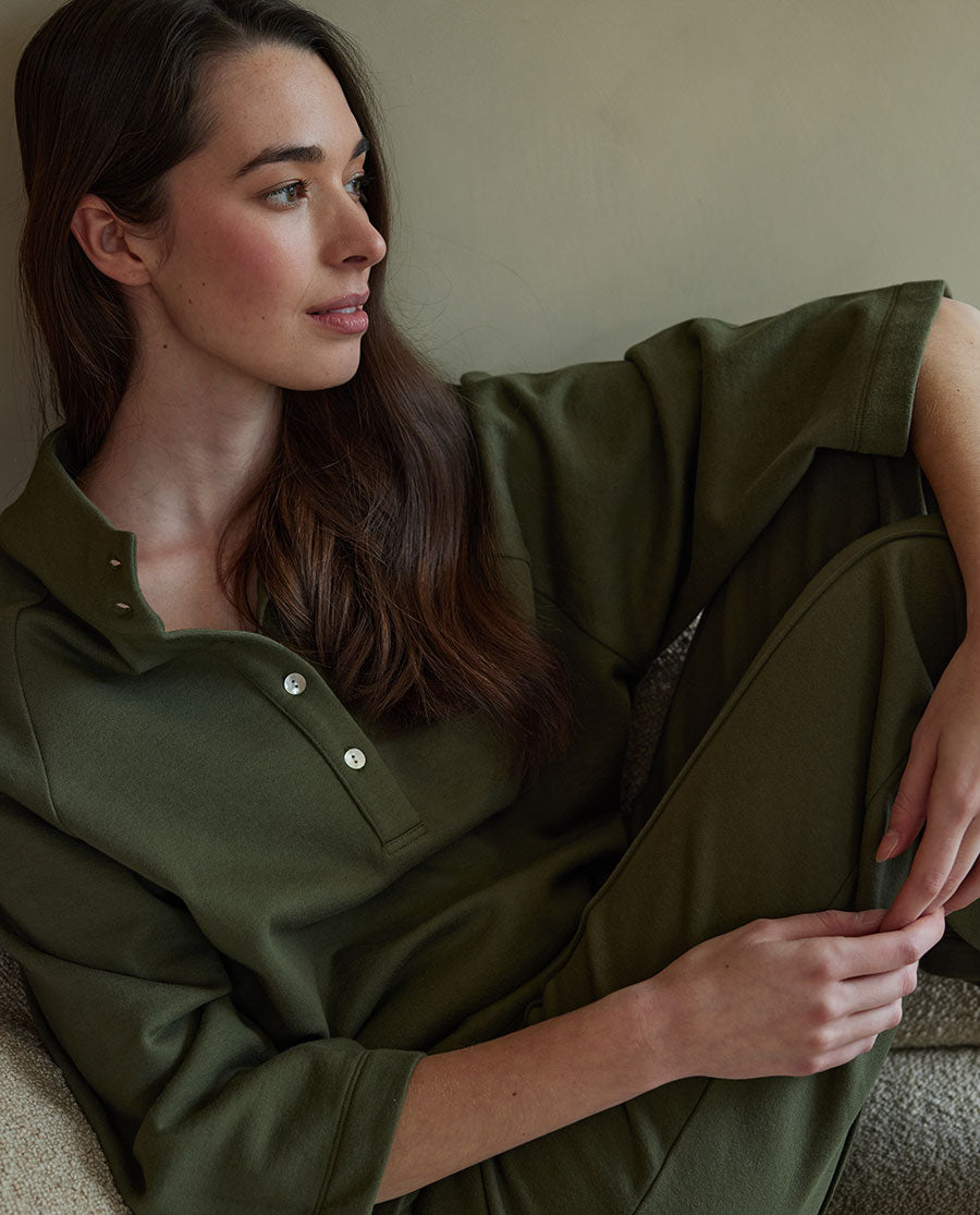Womens Olive Lounge Half Button Sweatshirt and Joggers Set
