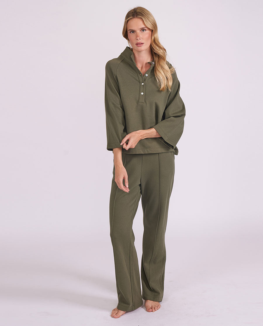 Womens Olive Green Jersey Half-Button Sweatshirt
