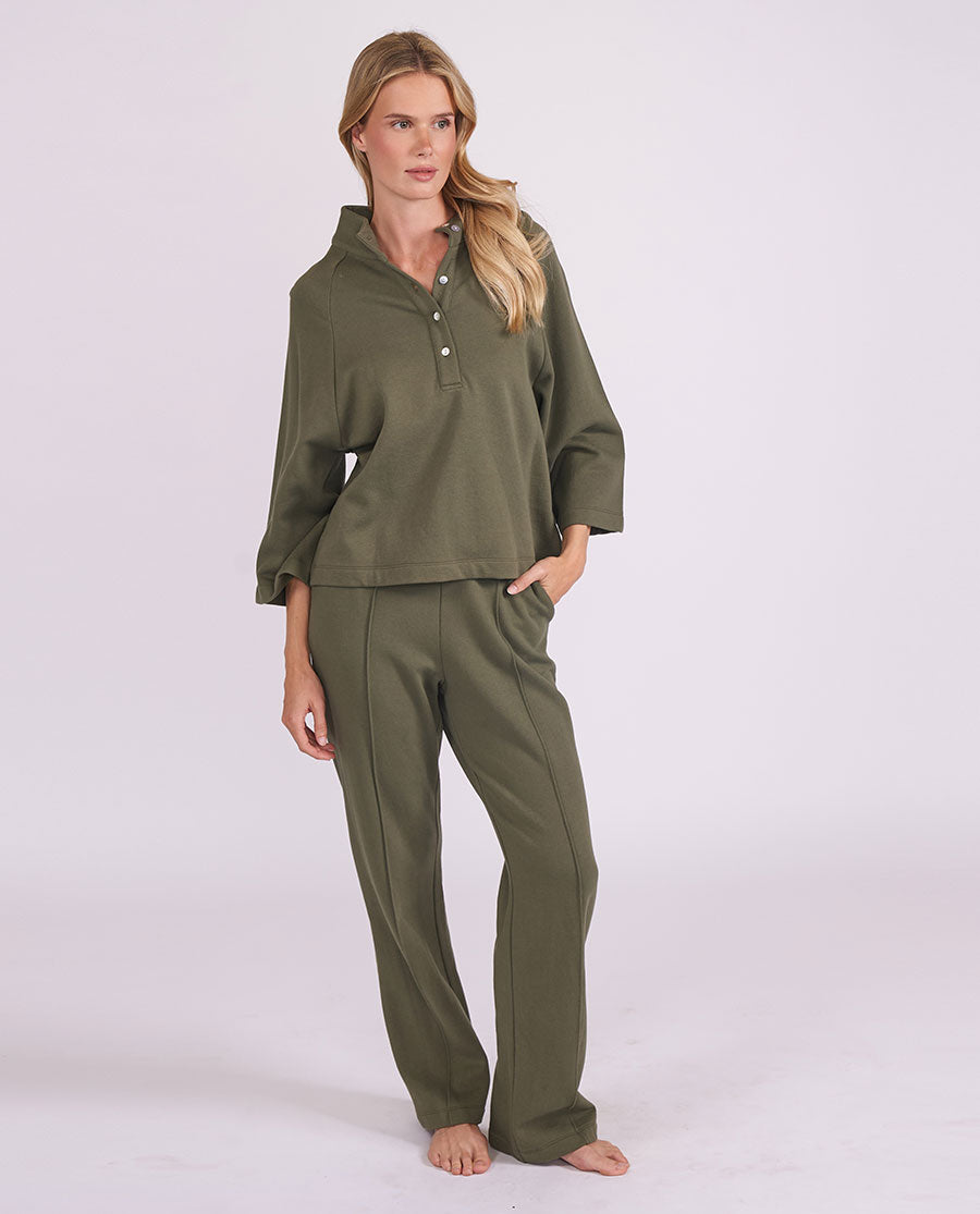 Womens Olive Green Jersey Half-Button Sweatshirt