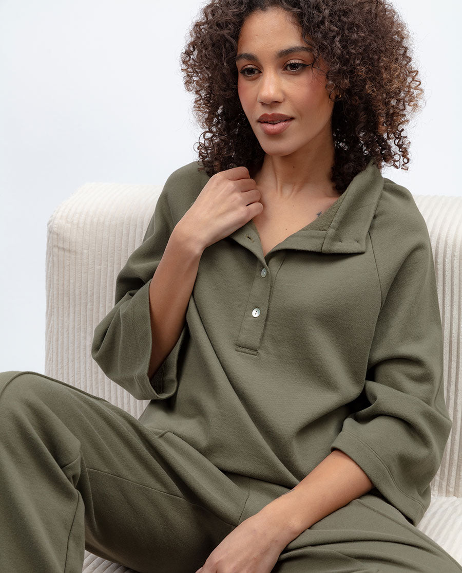 Womens Olive Green Jersey Half-Button Sweatshirt