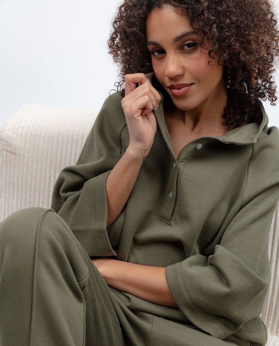 Womens Olive Green Jersey Half-Button Sweatshirt