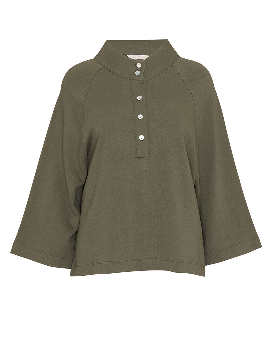 Womens Olive Green Jersey Half-Button Sweatshirt
