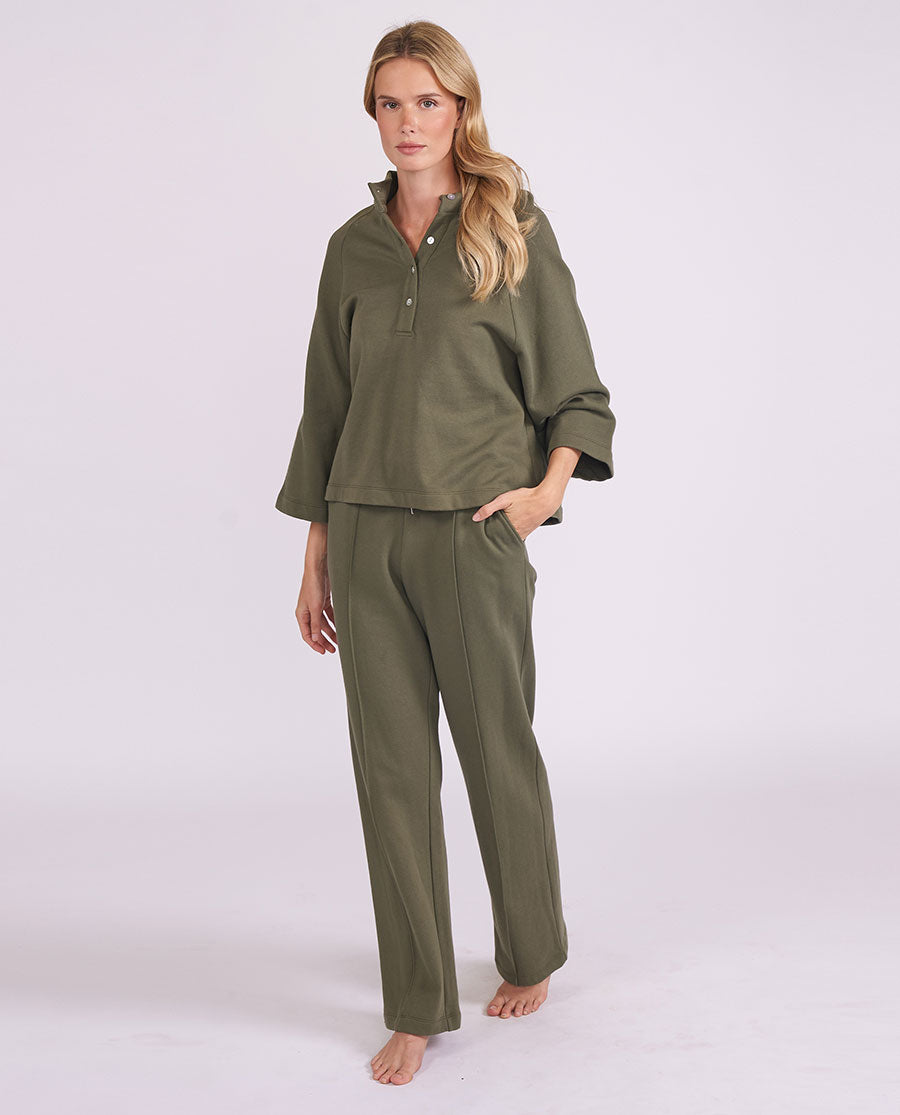 Womens Olive Green Jersey Wide Leg Joggers