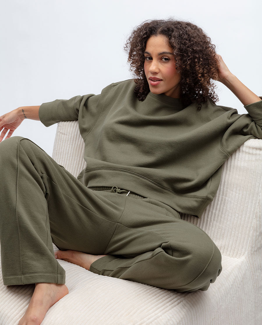 Womens Olive Green Jersey Wide Leg Joggers