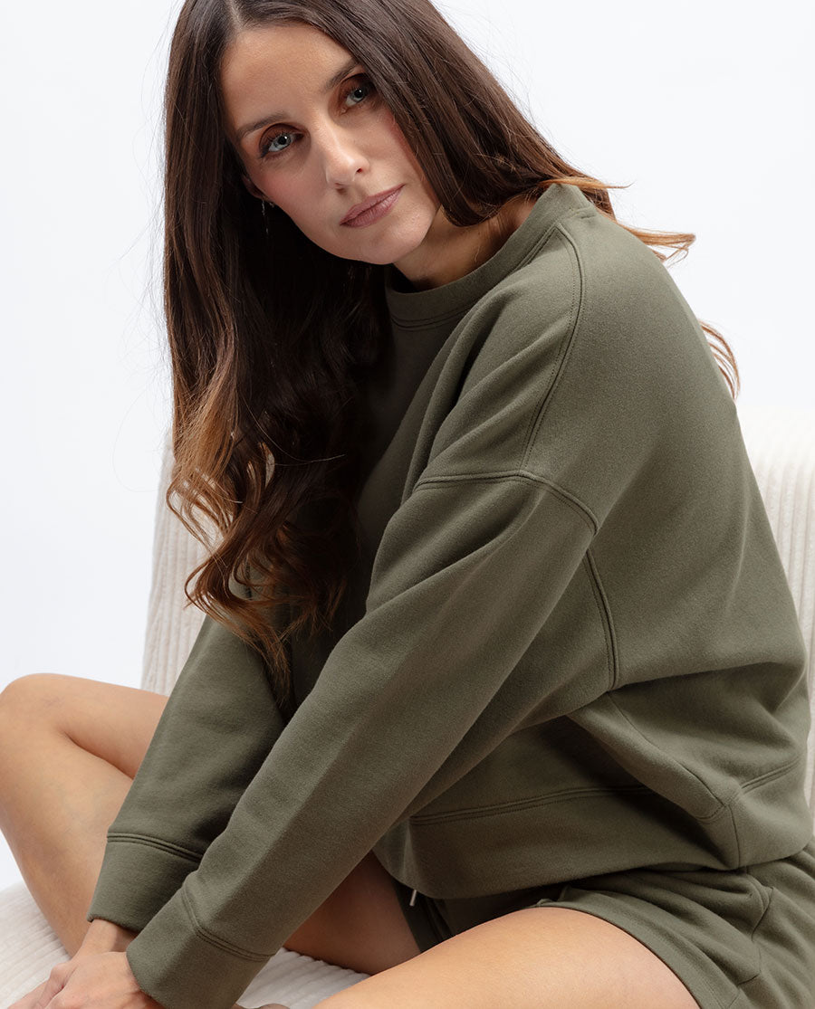 Womens Olive Lounge Crew-Neck and Shorts Set