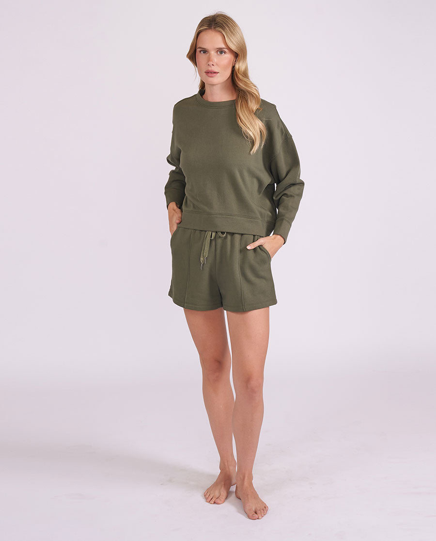 Womens Olive Lounge Crew-Neck and Shorts Set