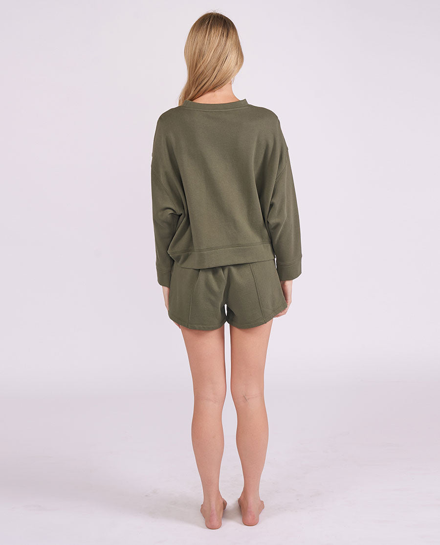 Womens Olive Lounge Crew-Neck and Shorts Set