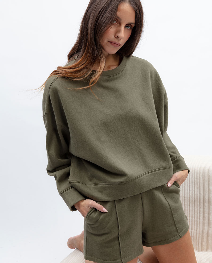 Womens Olive Lounge Crew-Neck and Shorts Set