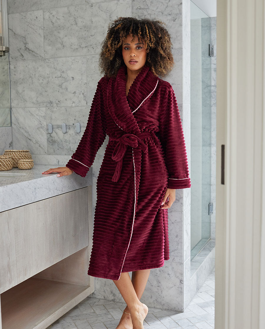 Womens Striped Burgundy Cosy Robe