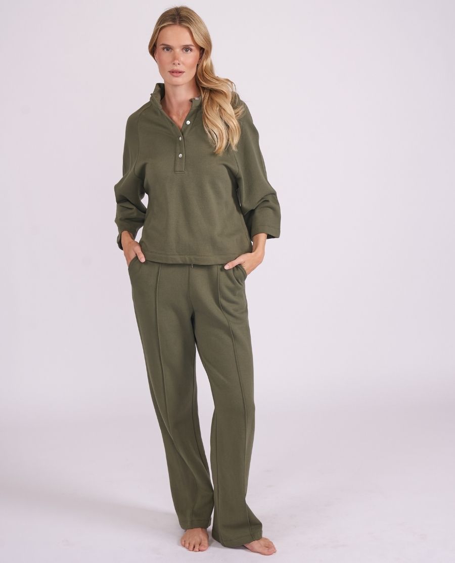 Womens Olive Lounge Half Button Sweatshirt and Joggers Set