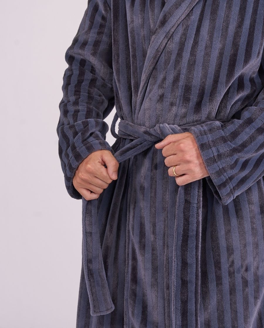 Mens Striped Charcoal Plush Dressing Gown