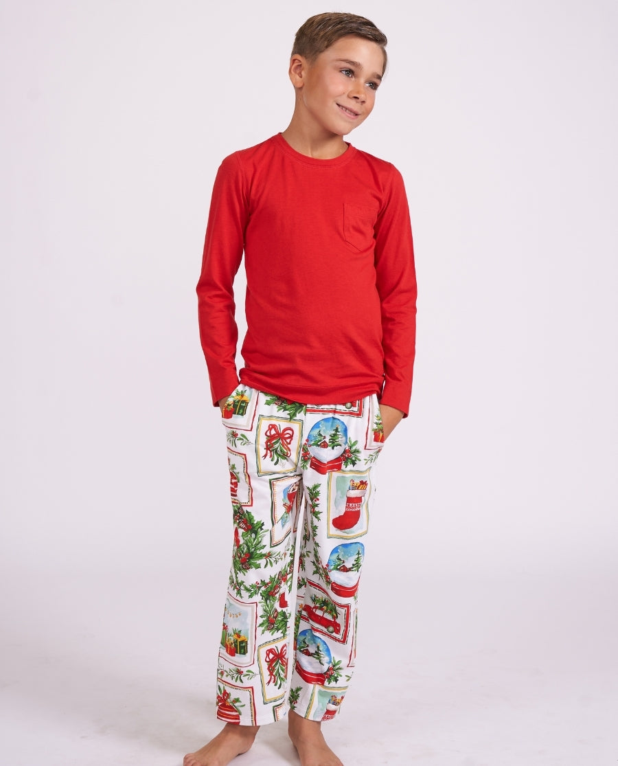 Kids Unisex Long Jersey T-shirt and Christmas Postcard Print Pyjama Set