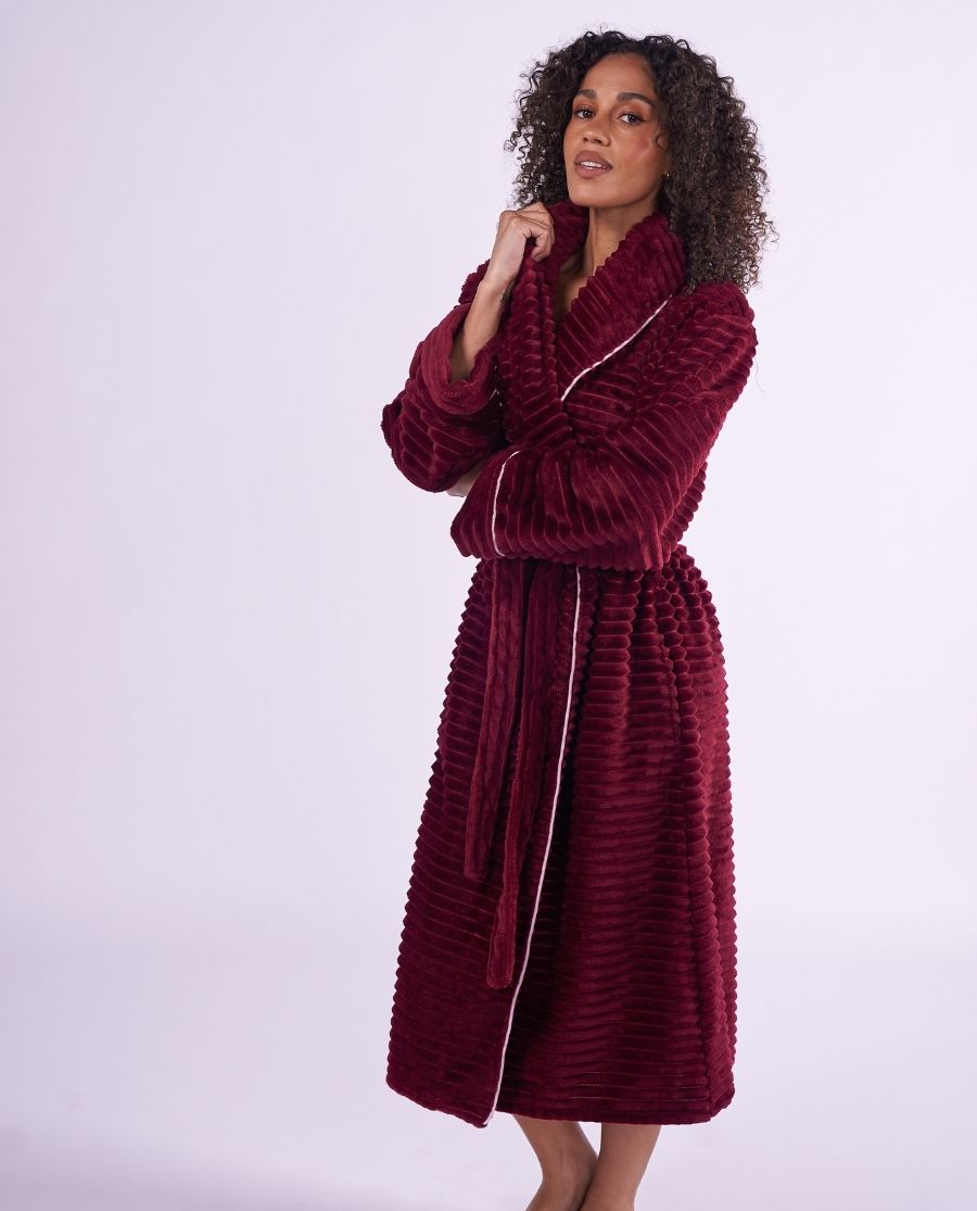 Womens Striped Burgundy Cosy Dressing Gown