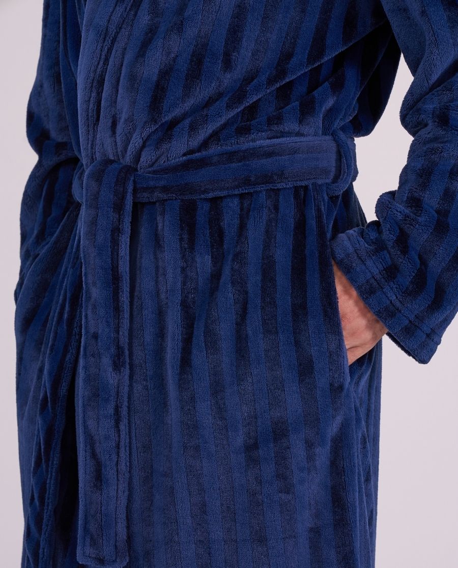 Mens Striped Navy Plush Dressing Gown