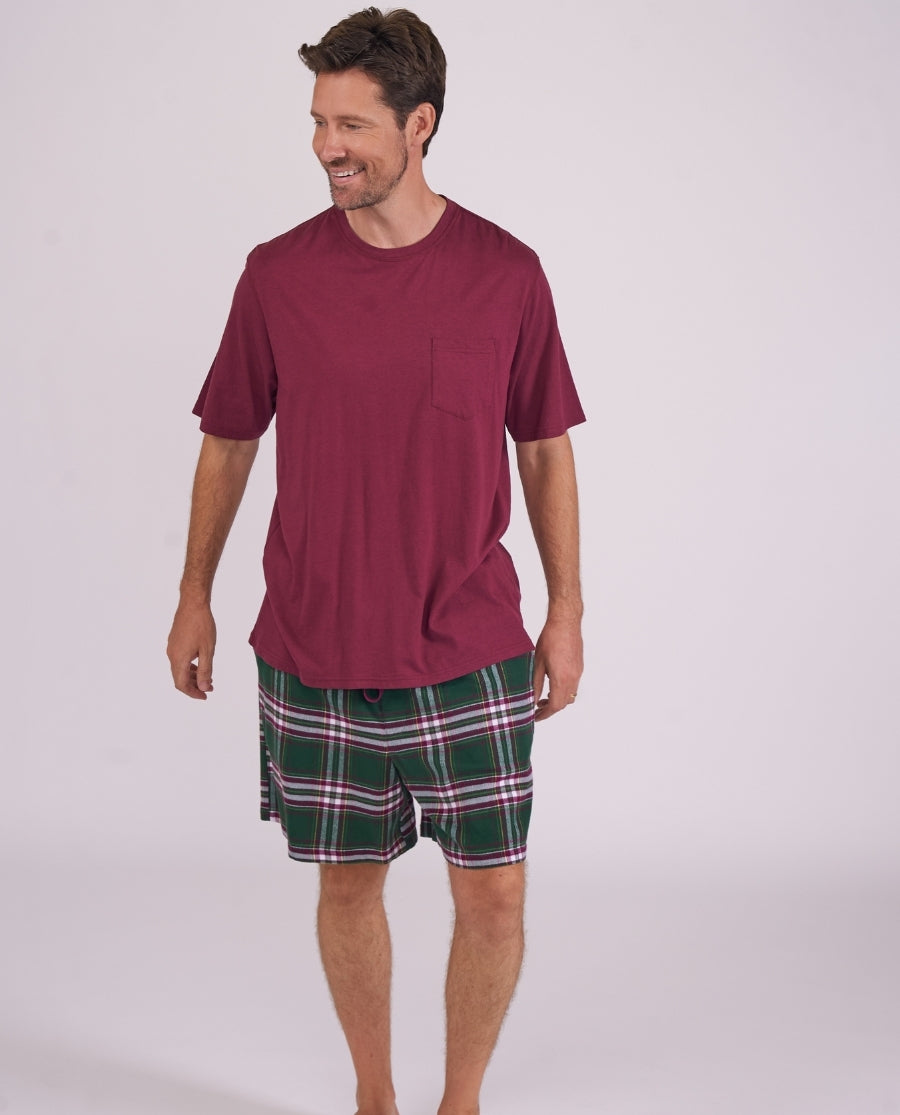 Mens Short Sleeve Jersey T-shirt and Green Brushed Check Short