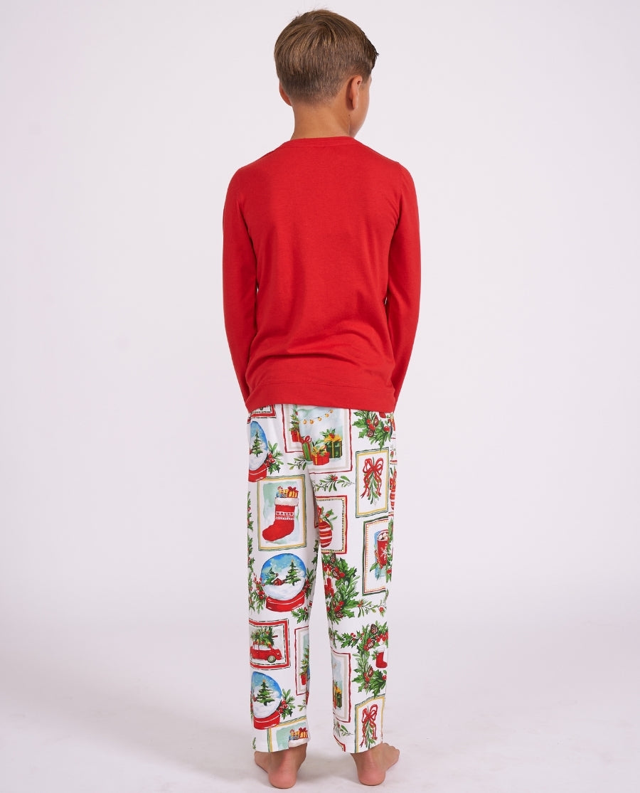 Kids Unisex Long Jersey T-shirt and Christmas Postcard Print Pyjama Set