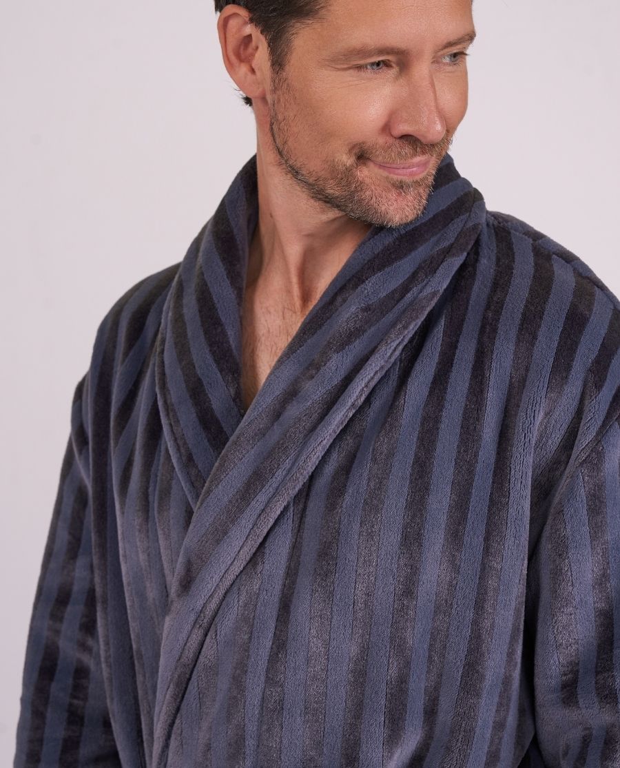 Mens Striped Charcoal Plush Dressing Gown