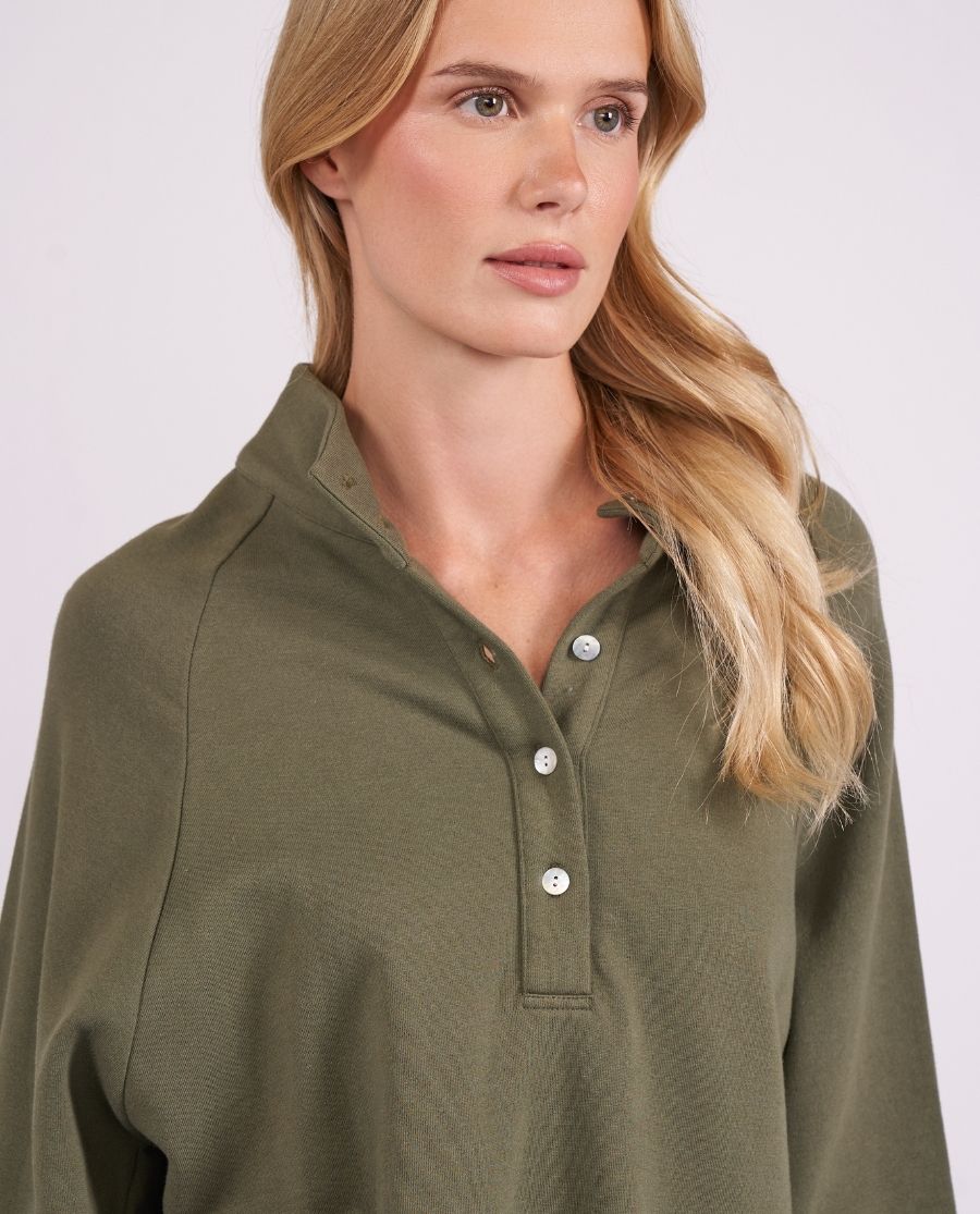 Womens Olive Lounge Half Button Sweatshirt and Joggers Set