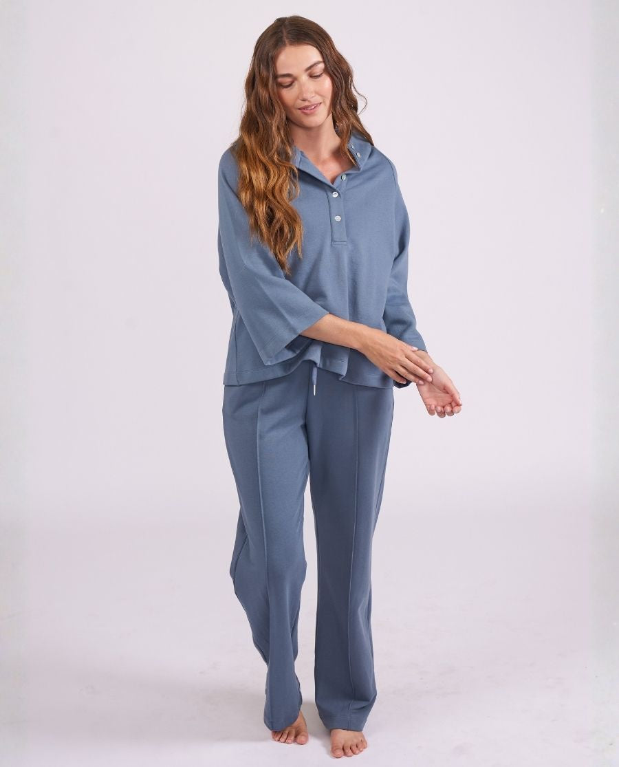 Womens Smoky Blue Lounge Half Button Sweatshirt and Joggers Set