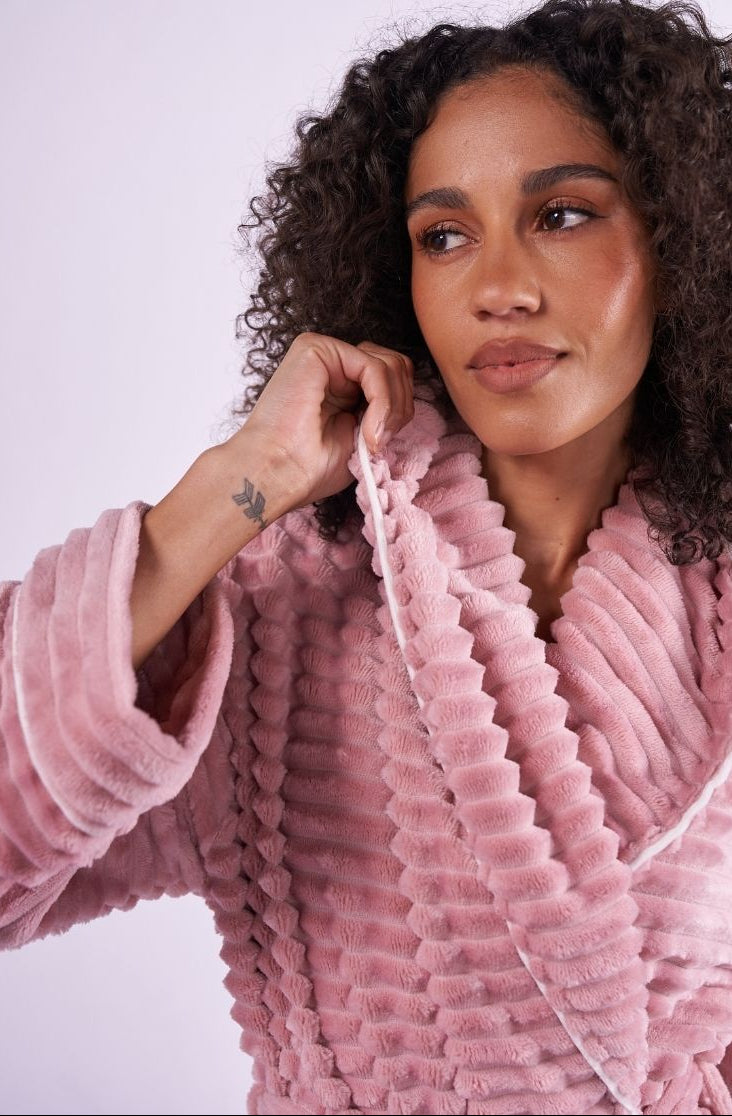 Womens Striped Dusky Pink Cosy Dressing Gown